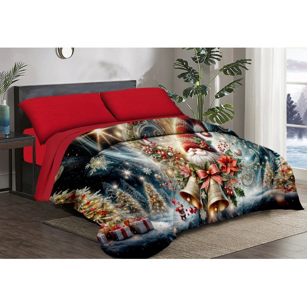 Trapunta Natalizia Matrimoniale –Babbo Natale con Campanelle  –  Stile e Comfort per le Feste