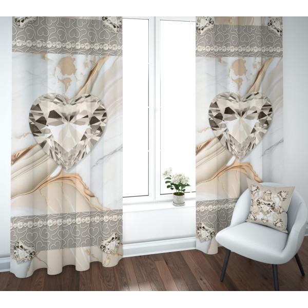 Coppia Tende 140x290cm  Linea Diamante Stampa Cuore Gioiello e Marmo – 100% Poliestere – 4 Colori Disponibili