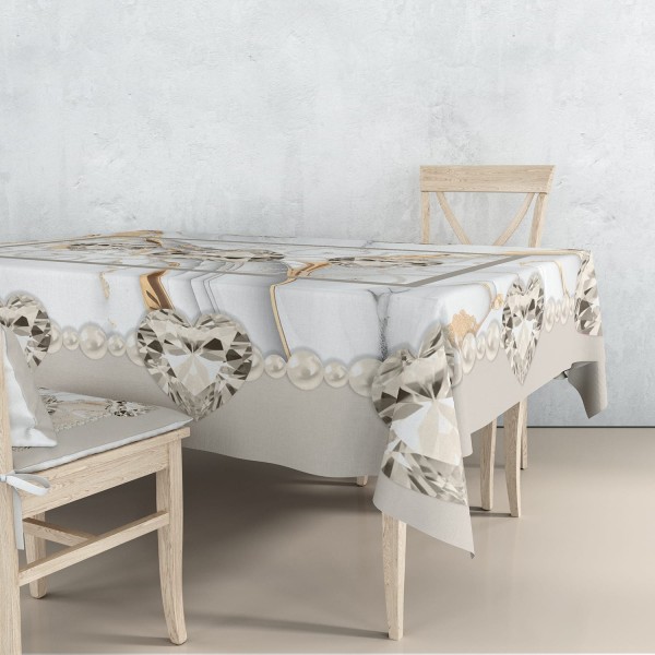 Tovaglia 12 Posti 240x145 cm Linea Diamante Stampa Cuori Gioiello e Marmo – 100% Poliestere – 4 Colori