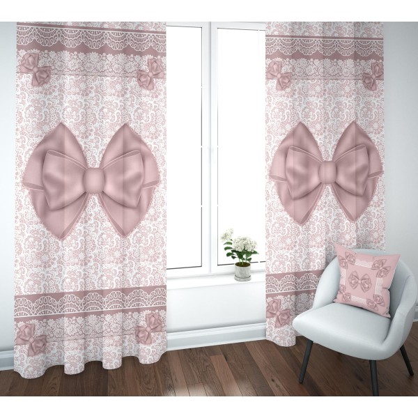 Coppia di Tende Linea Fiocco con Decoro a Pizzo e Fiocchi – 100% Poliestere, 3 Colorazioni Disponibili