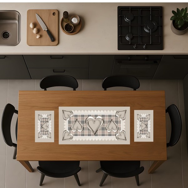 Tris da Tavola Linea Cuore Runner e 2 Tovagliette – 100% Poliestere – Beige, Grigio o Rosa