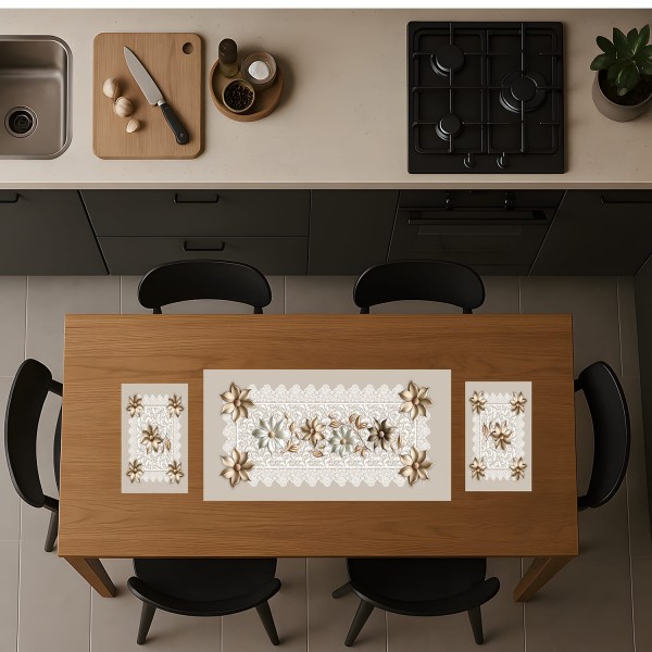 Tris linea Ceramica set tovagliette e runner effetto 3D floreale in poliestere – 3 varianti colore eleganti
