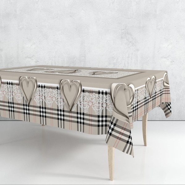Tovaglia 6 Posti180x145 cm Linea Cuore con Stampa Cuore 3D e Pizzo – 100% Poliestere – Beige, Grigio o Rosa